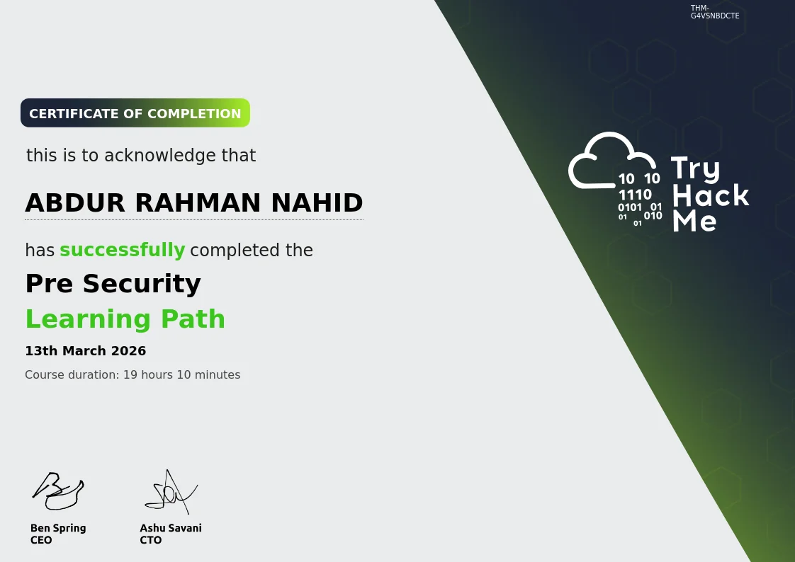 Pre-Security Certificate — Abdur Rahman Nahid (TryHackMe)