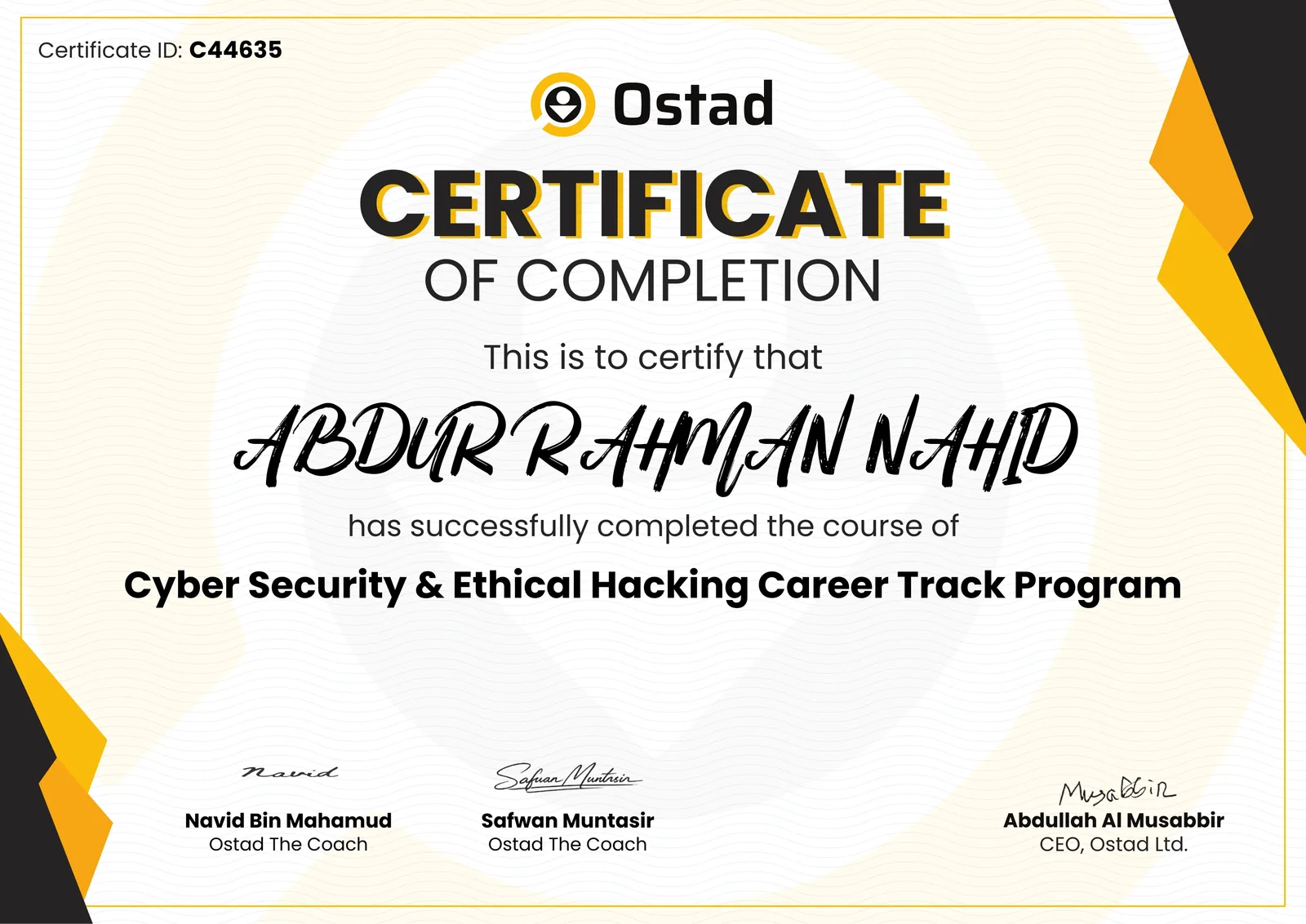 Cyber Security & Ethical Hacking certificate — Abdur Rahman Nahid (Ostad)